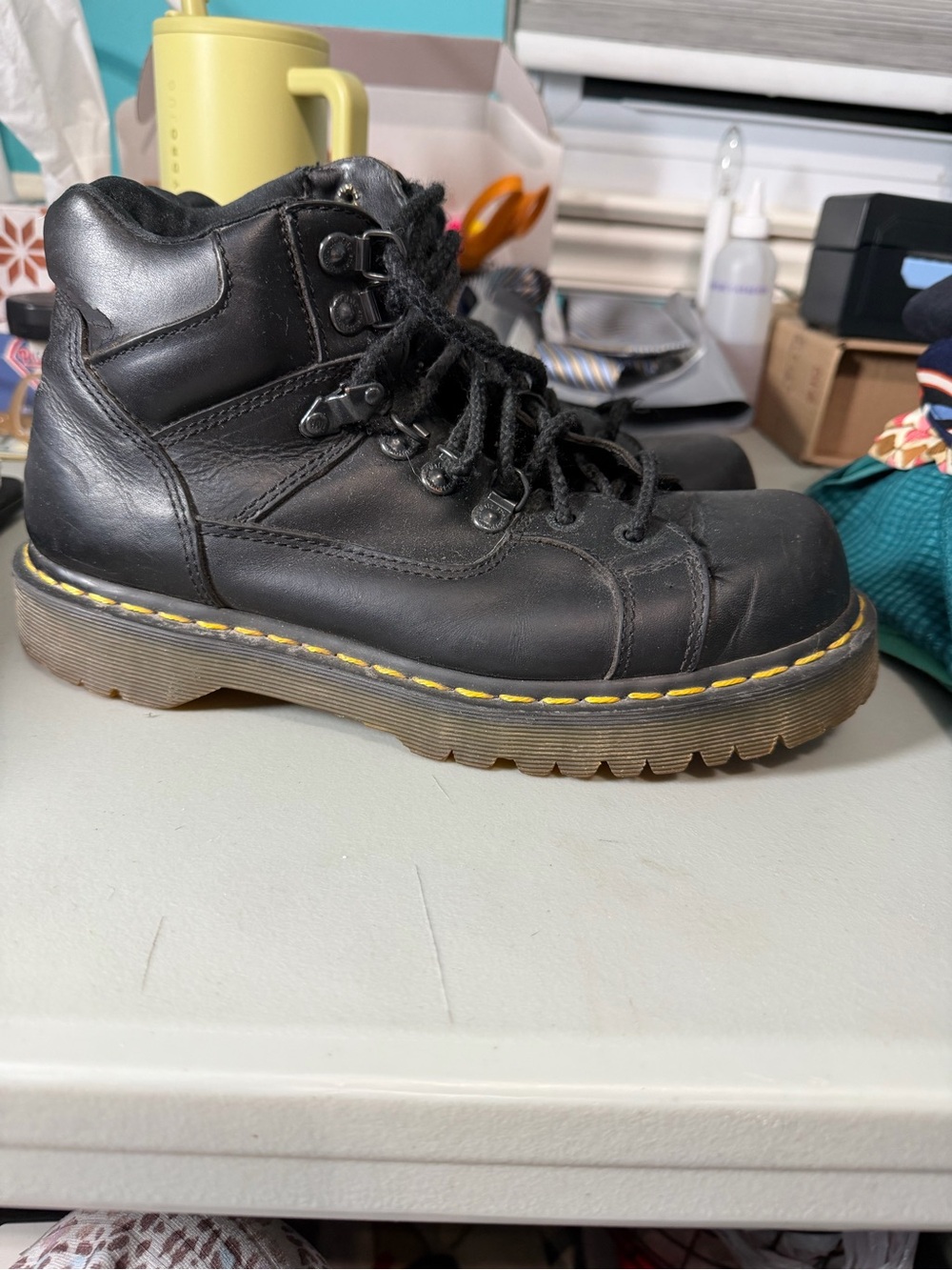 Dr. Martens Men’s Black Leather Lace-Up Boots with Yellow Stitching - Picture 2 of 8